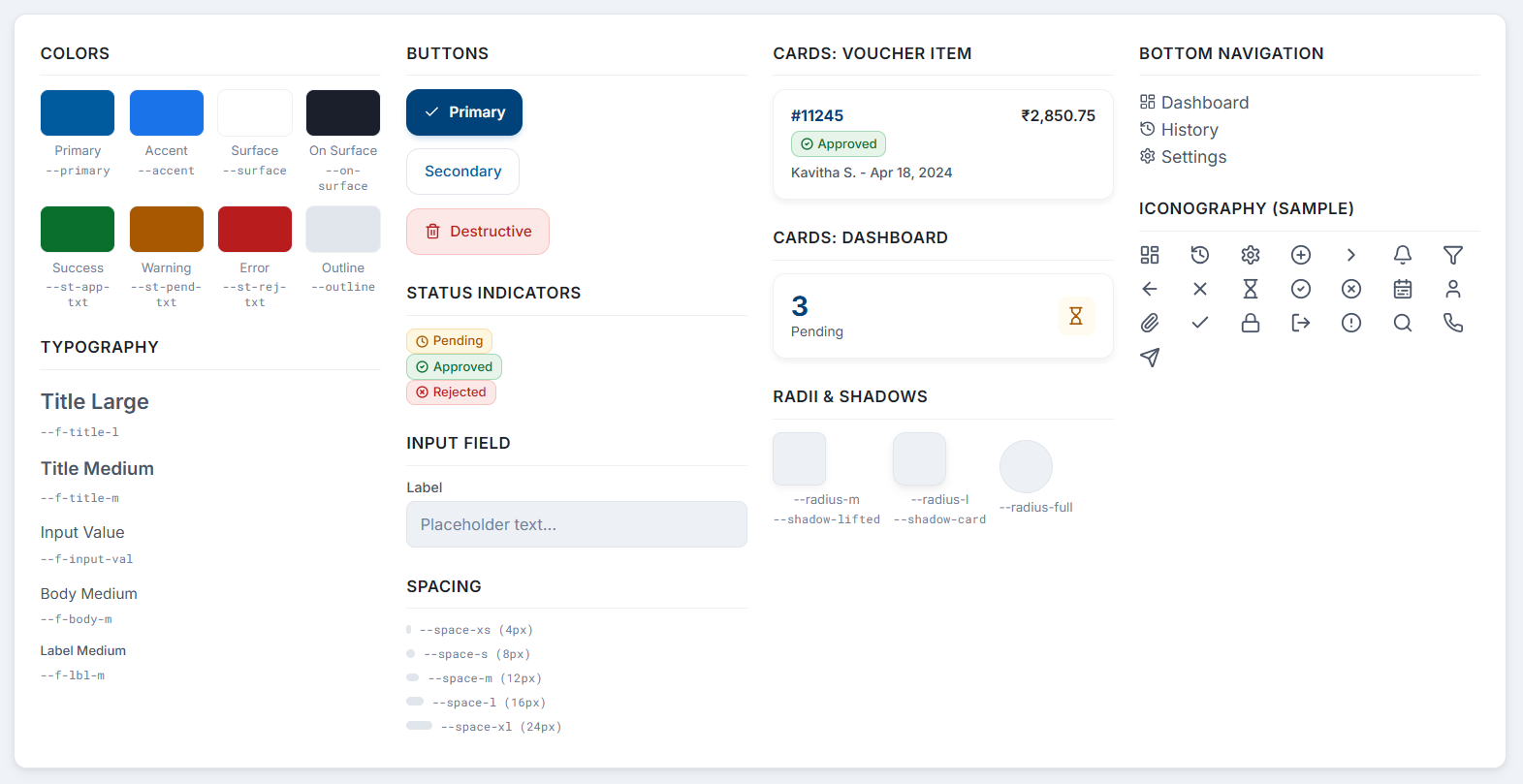 Overview of the Vouch4U Design System components: colors, typography, buttons, cards, status indicators.