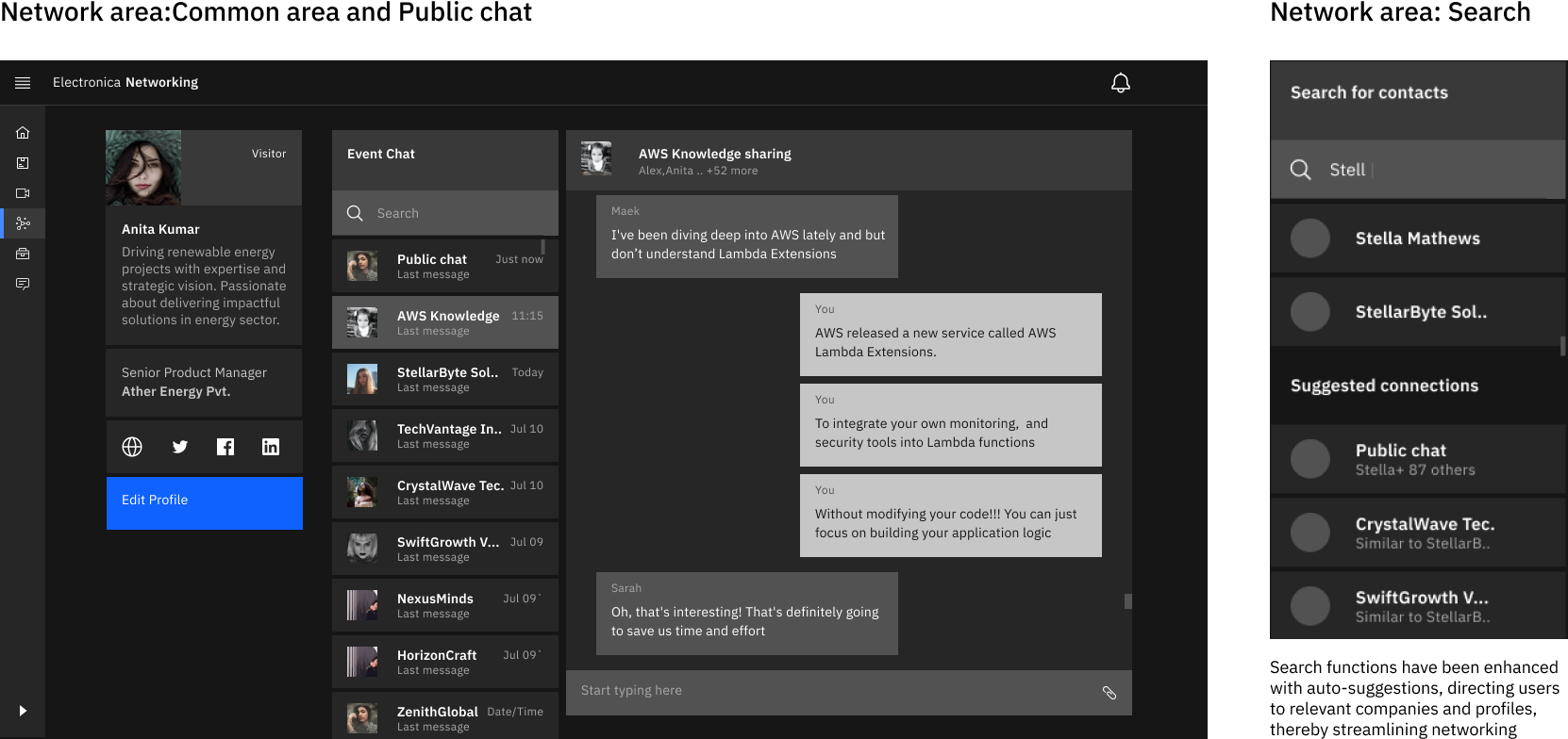 Annotated Networking screen showing chat interface and search
