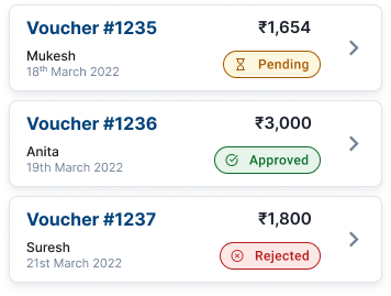 Vouch4U history screen with list of requests showing clear status pills (Pending, Approved, Rejected) and filter icon.
