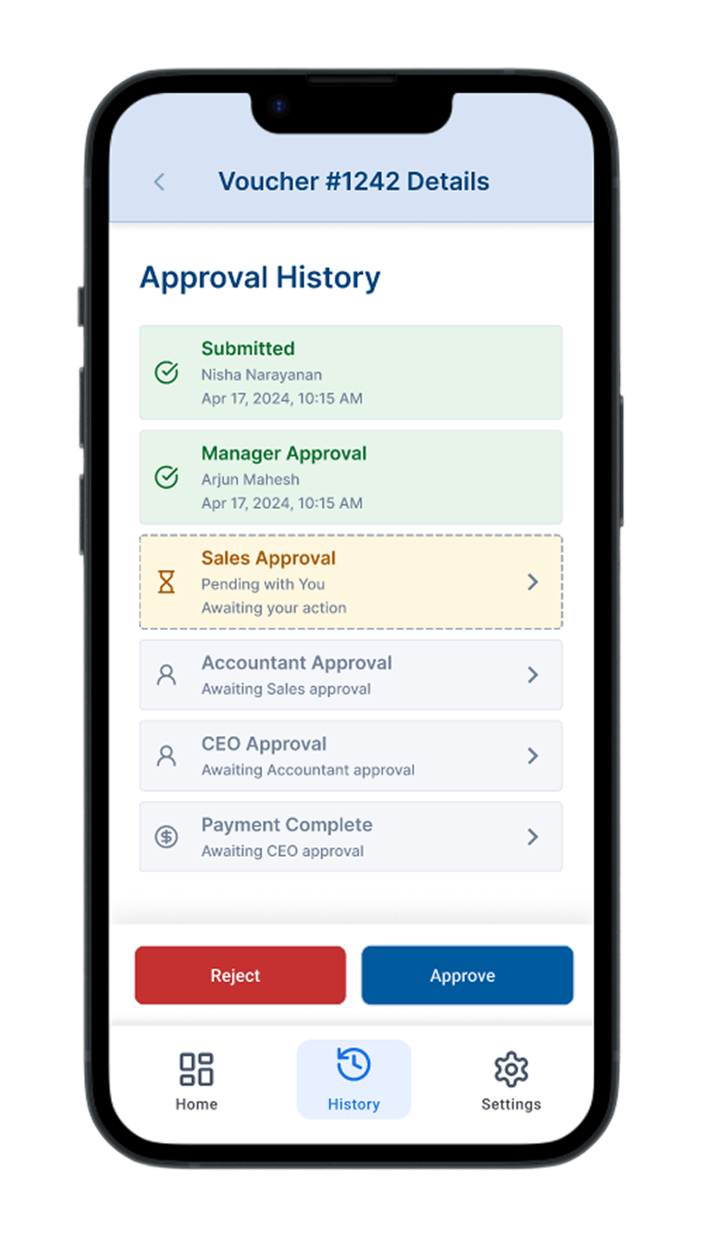 Vouch4U details screen showing card-based approval steps with status icons and a sticky footer with Approve/Reject buttons.