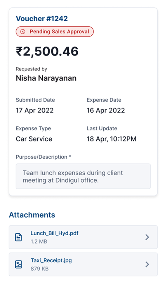 Vouch4U request details screen highlighting the Header Card with key info (ID, Status, Amount, Requester) and structured fields.